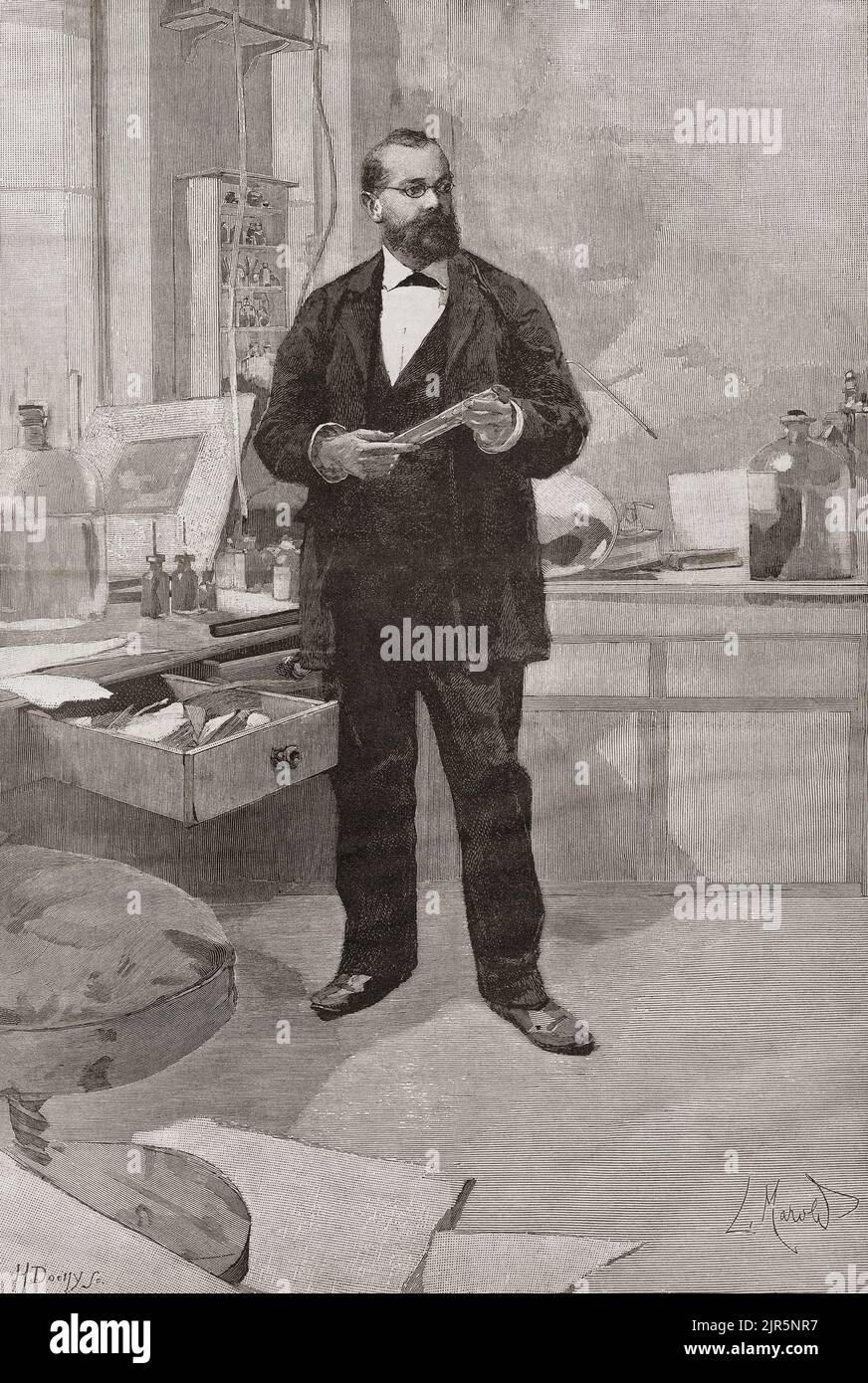 Heinrich Hermann Robert Koch, 1843 – 1910.  German physician and microbiologist.   Robert Koch was awarded the Nobel Prize in Physiology or Medicine in 1905.  Seen in his laboratory in this 19th century illustration. Stock Photo