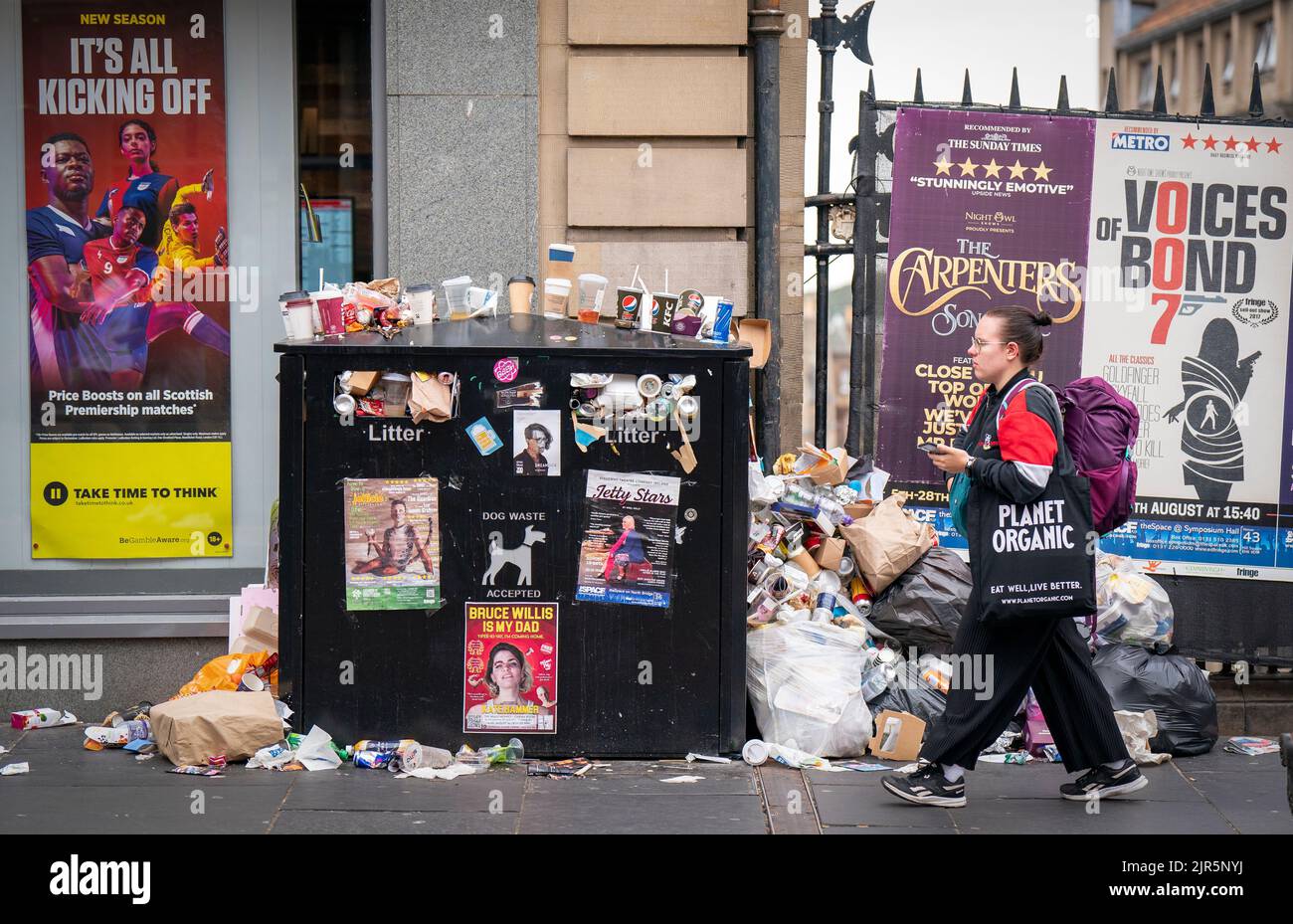 Bins and litter along South Bridge in Edinburgh city centre as