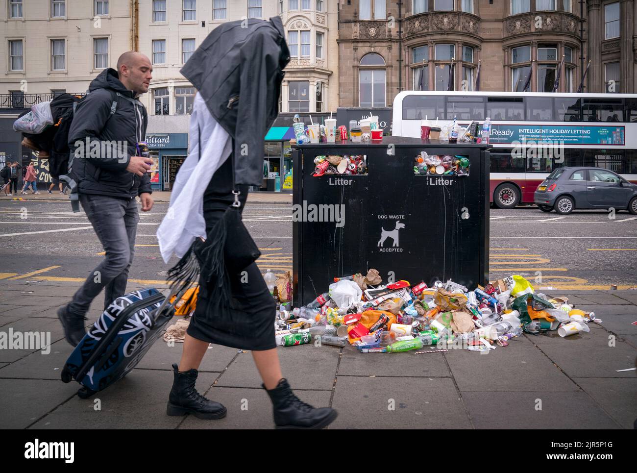 Bins and litter along Princes Street in Edinburgh city centre as cleansing workers from the City