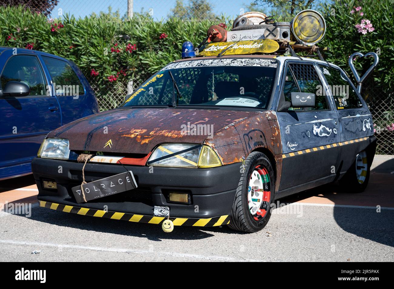 A Citroen AX customized with scrap in the post apocalyptic style Stock Photo