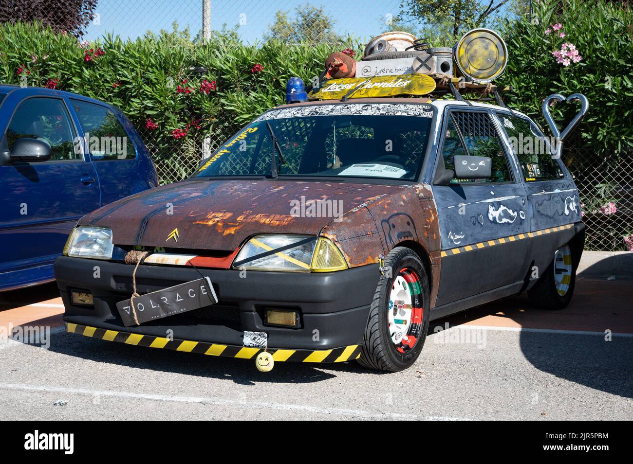 The Citroen AX customized with scrap in the post apocalyptic style Stock Photo