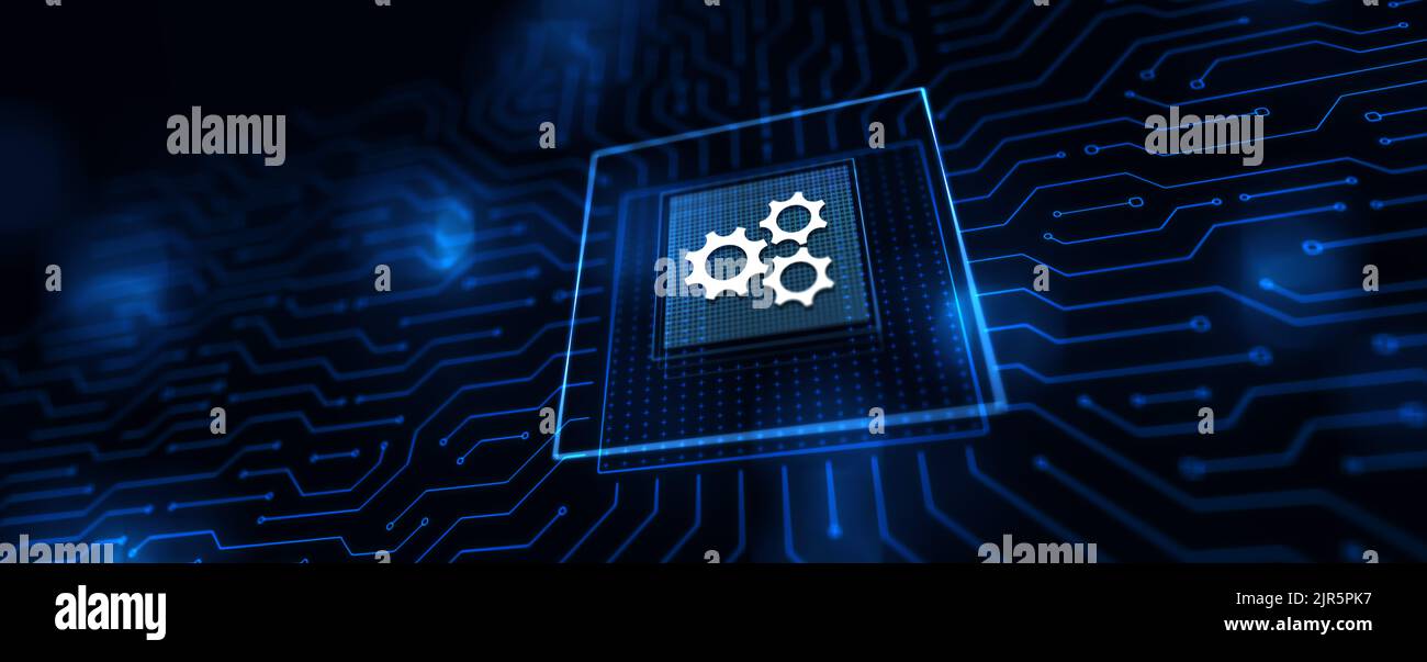 Gears mechanism on virtual screen. Automation and business process flow. Business and technology