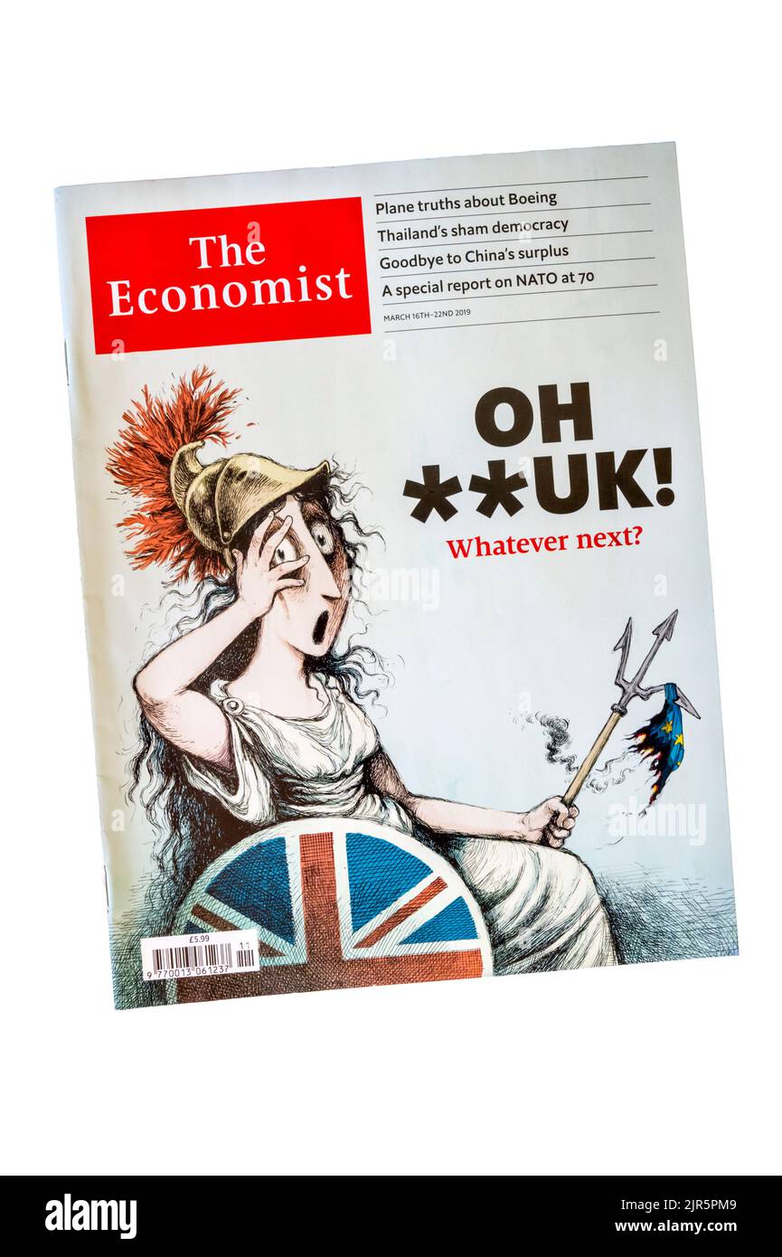 March 2019 front cover of The Economist shows Britannia saying Oh **UK! Whatever next? Stock Photo