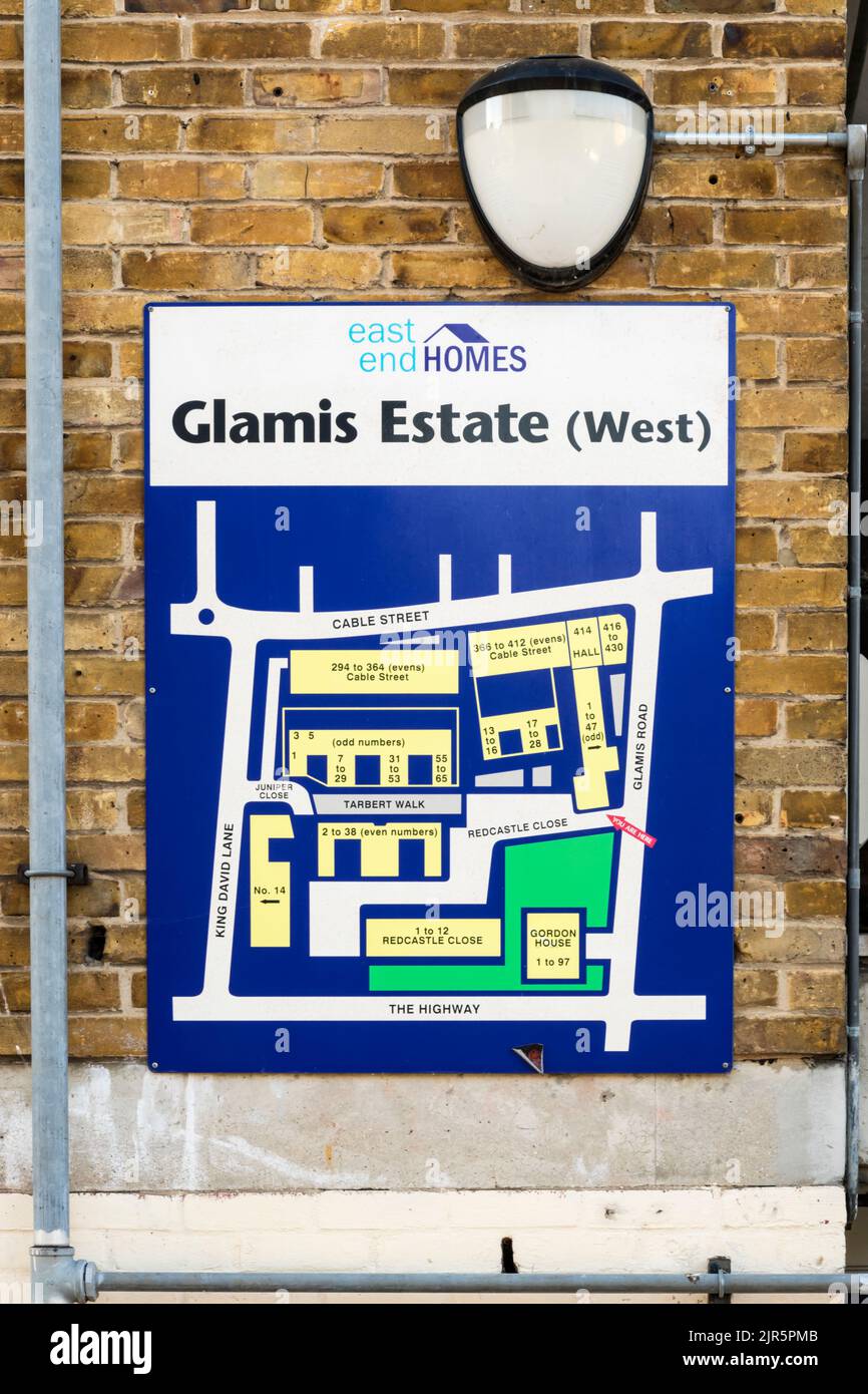 An estate plan shows the layout and extent of the Glamis Estate (West) in East London. Stock Photo