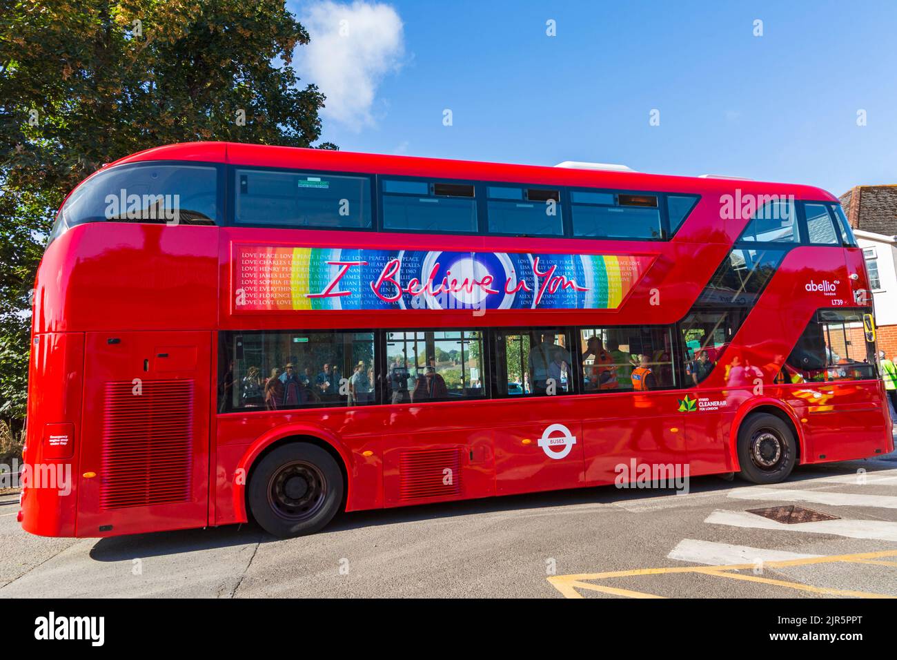 I believe in You message on side of Hybrid CleanerAir for London abellio LT39 red double decker bus Stock Photo