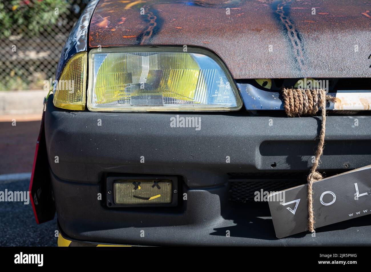 The details on a Citroen AX customized with scrap in the post apocalyptic style Stock Photo