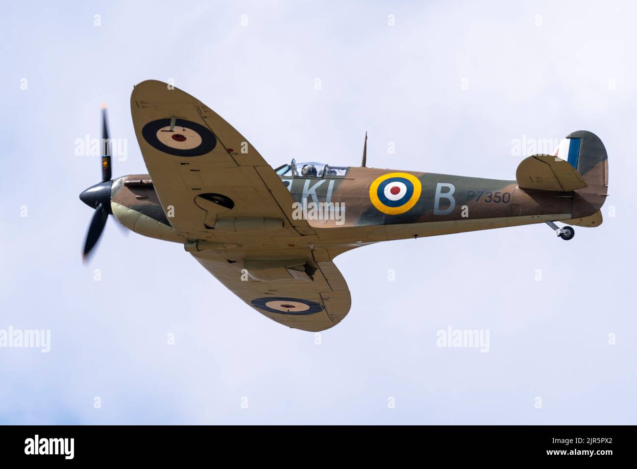 RAF Battle of Britain Memorial Flight Spitfire plane flying at London Southend Airport whilst using it as a base to display at Eastbourne airshow Stock Photo