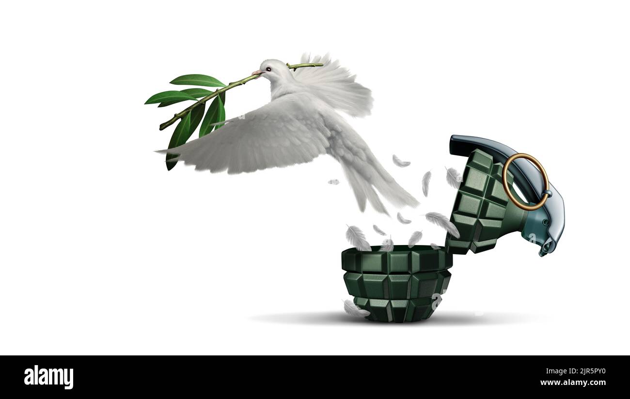 End the war concept as a grenade weapon and flowers as a symbol for peace and hope as an unexploded bomb or disarmed explosive device. Stock Photo