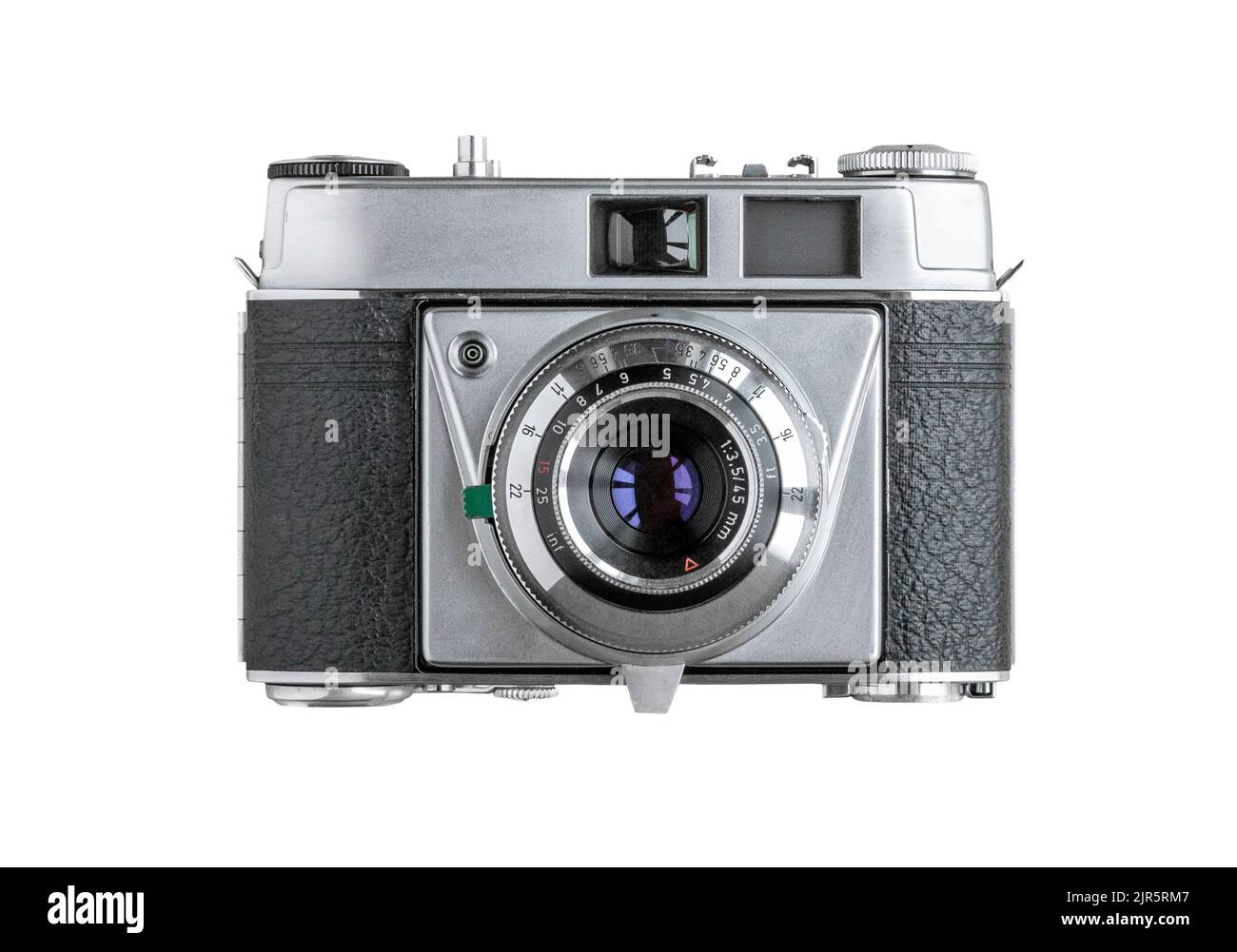Vintage 1950s 35mm film camera isolated on white background, retro photography equipment Stock Photo
