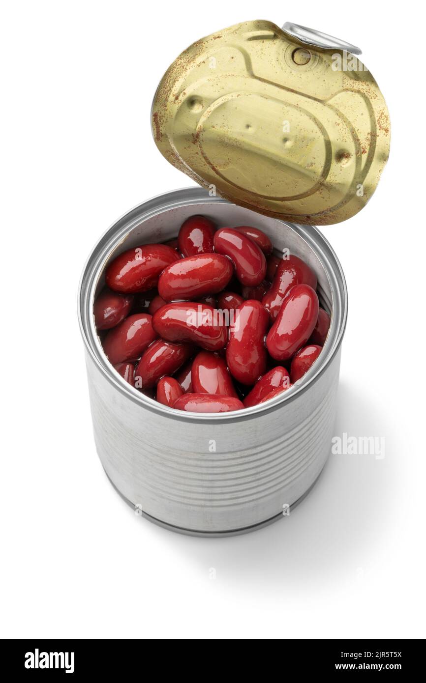 Open tin can with preserved  kidney beans isolated on white background Stock Photo