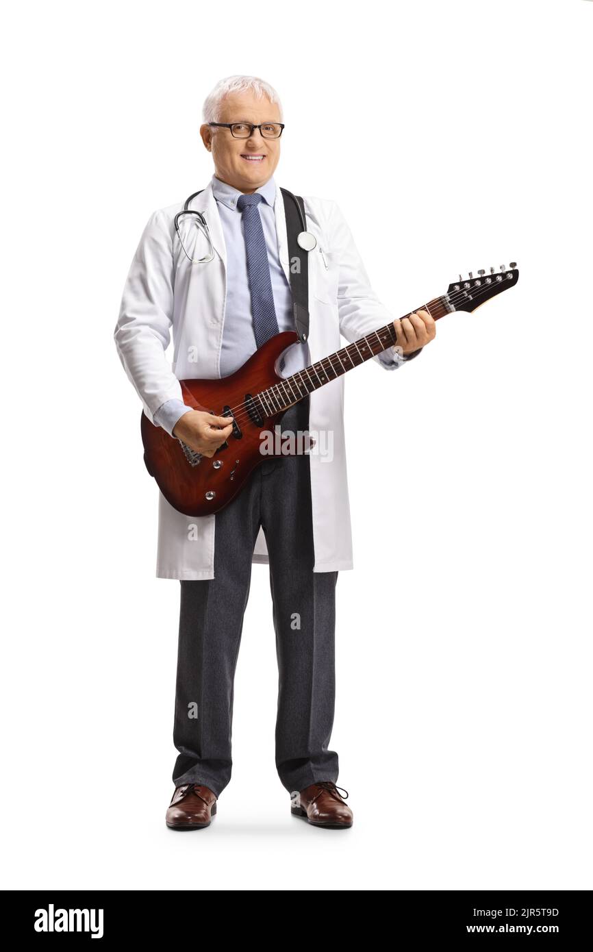 Full length portrait of a doctor with an electric guitar isolated on ...