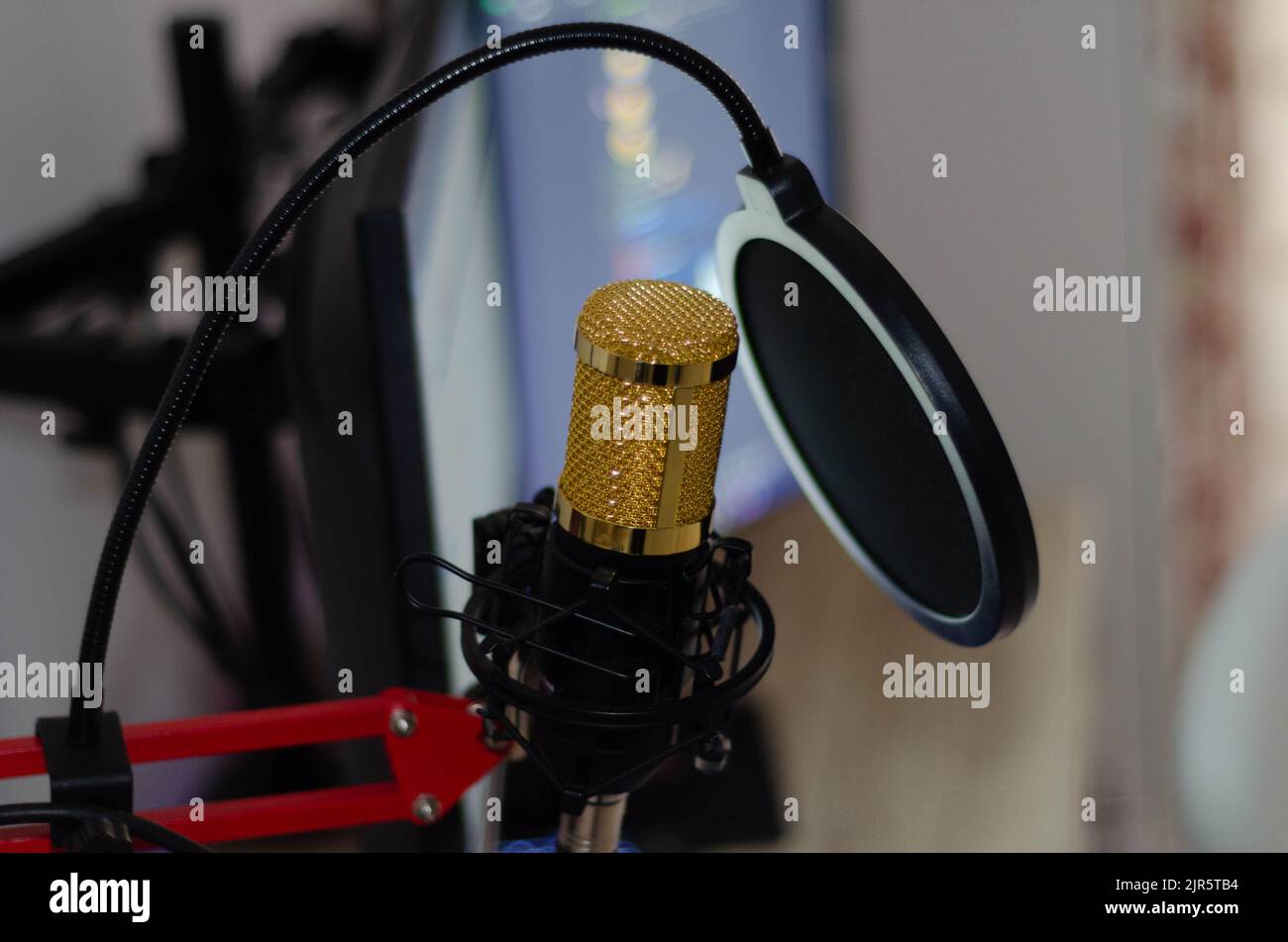 Professional microphone and sound mixer in radio station studio Stock