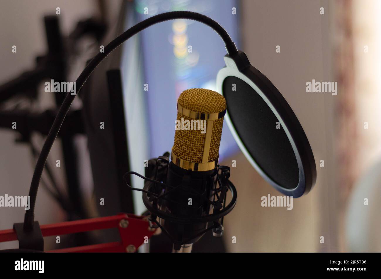 Professional microphone and sound mixer in radio station studio Stock