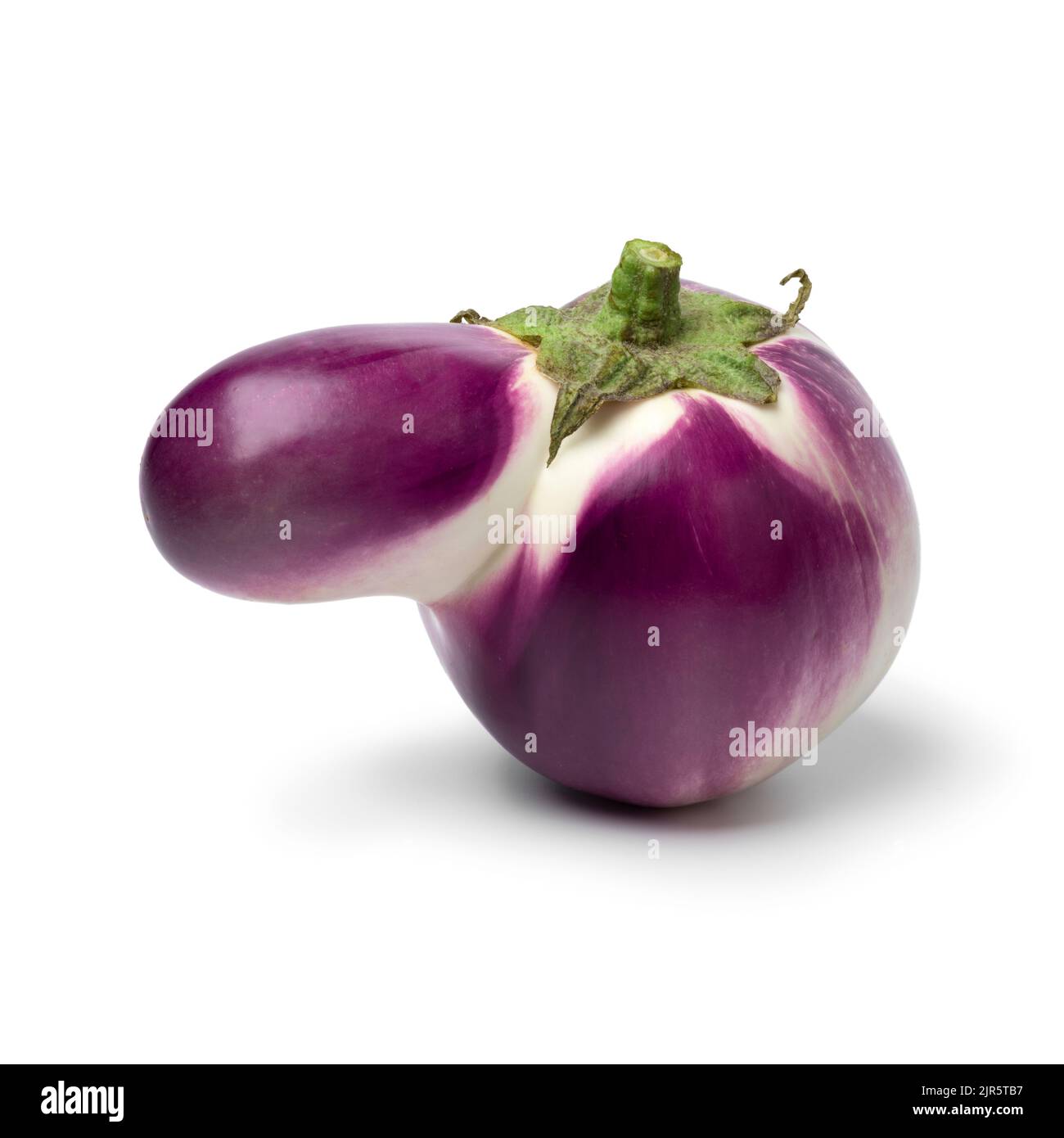 Single deformed fresh purple eggplant with a nose close up isolated on white background Stock Photo