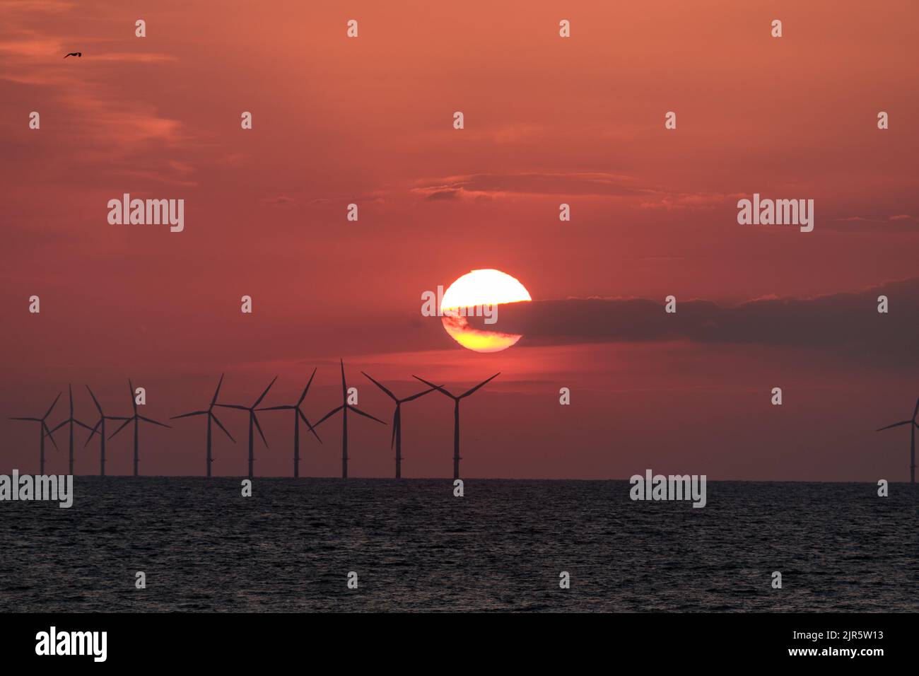 Sunset over Gwynt-y-Môr offshore wind farm, North Wales coast Stock Photo