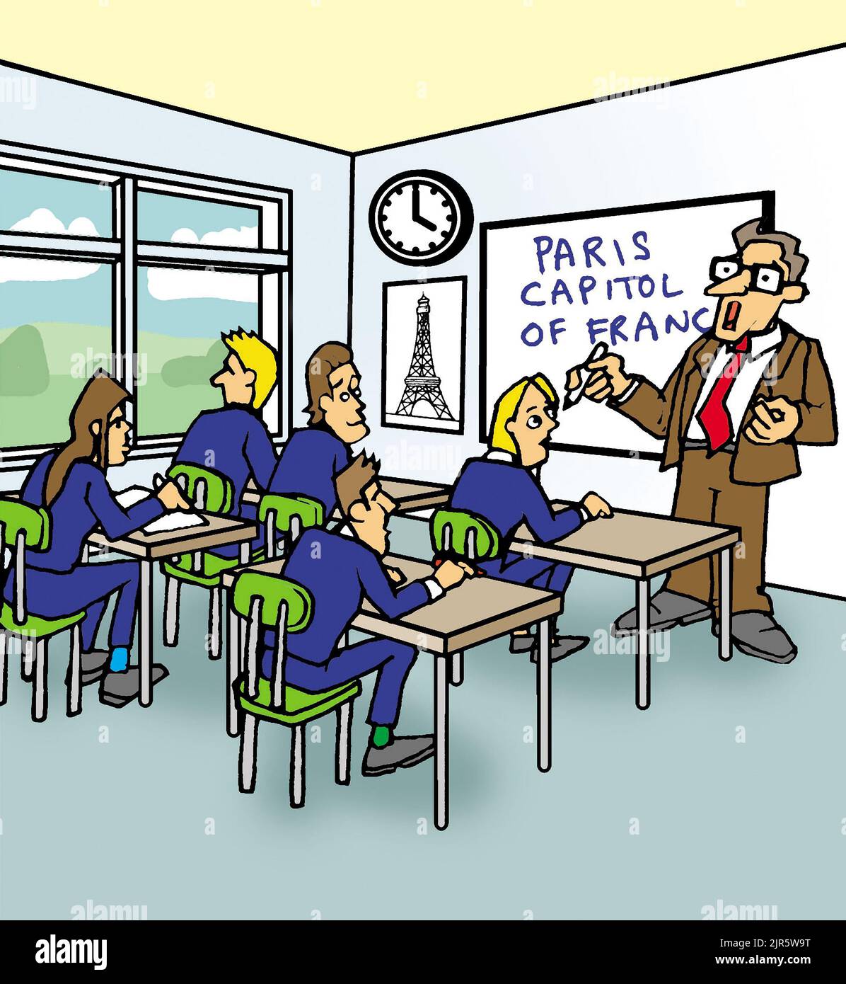 Cartoon art illustration showing a male teacher in front of a whiteboard, teaching students about France, it's almost home time, the pupils look bored Stock Photo