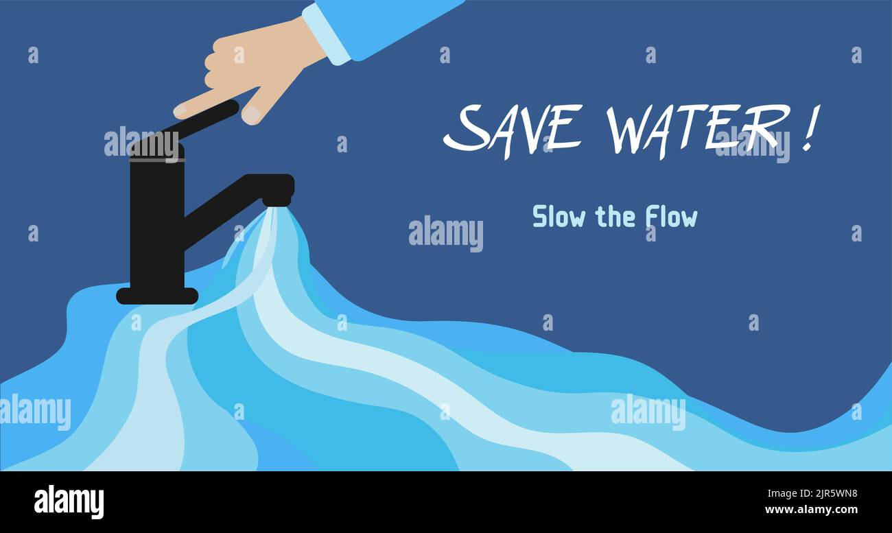 Vector illustration of water waste crisis. Hand with a faucet. Text
