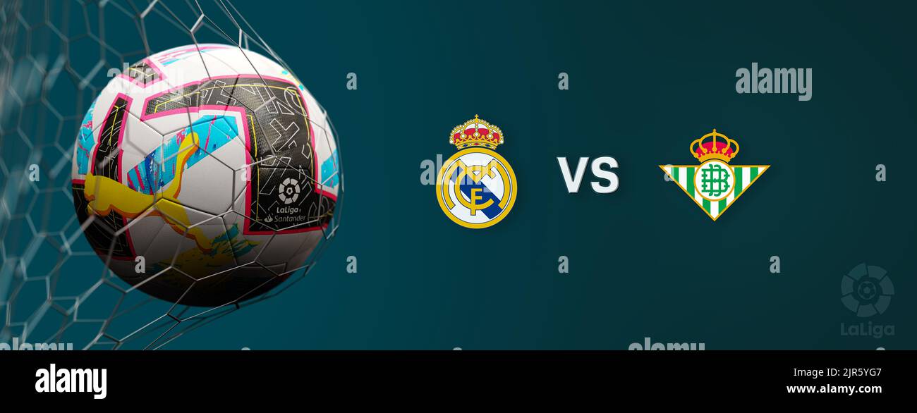 Guilherand-Granges, France - August 22, 2022. LaLiga santander of Spain. Soccer ball in net with official logo of La Liga. Match : Real Madrid VS Real Stock Photo