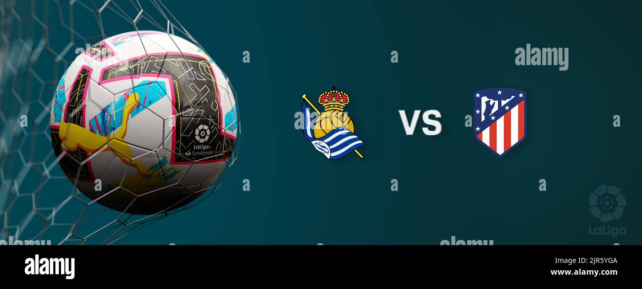 Guilherand-Granges, France - August 22, 2022. LaLiga santander of Spain. Soccer ball in net with official logo of La Liga. Match : Real Sociedad VS At Stock Photo