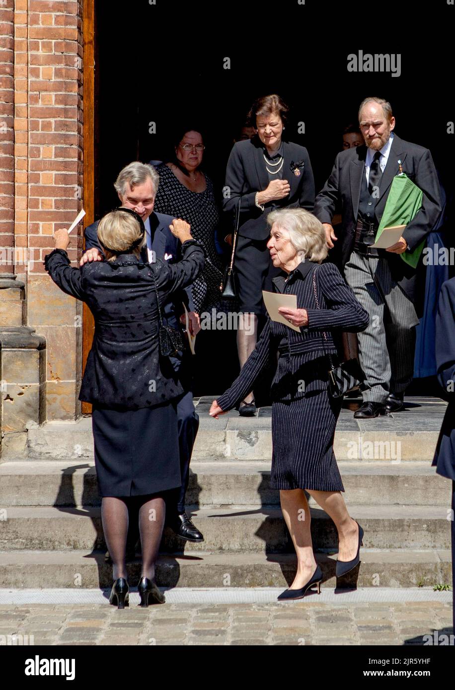 Archduke Rudolph of Austria and Baroness Marie Hélène de Villenfagne de Vogelsanck, Archduchess Marie Astrid of Austria, Prince Guillaume of Luxembourg and Archduchess Anna-Gabriele of Austria leave at the l eglise Saint-Pierre in Belil, on August 22, 2022, after attended the funeral of Prince Wauthier de Ligne (10-07-1952/15-08-2022), he was the First Cousin of the Grand Duke of Luxembourg Photo: Albert Nieboer/Netherlands OUT/Point de Vue OUT Stock Photo