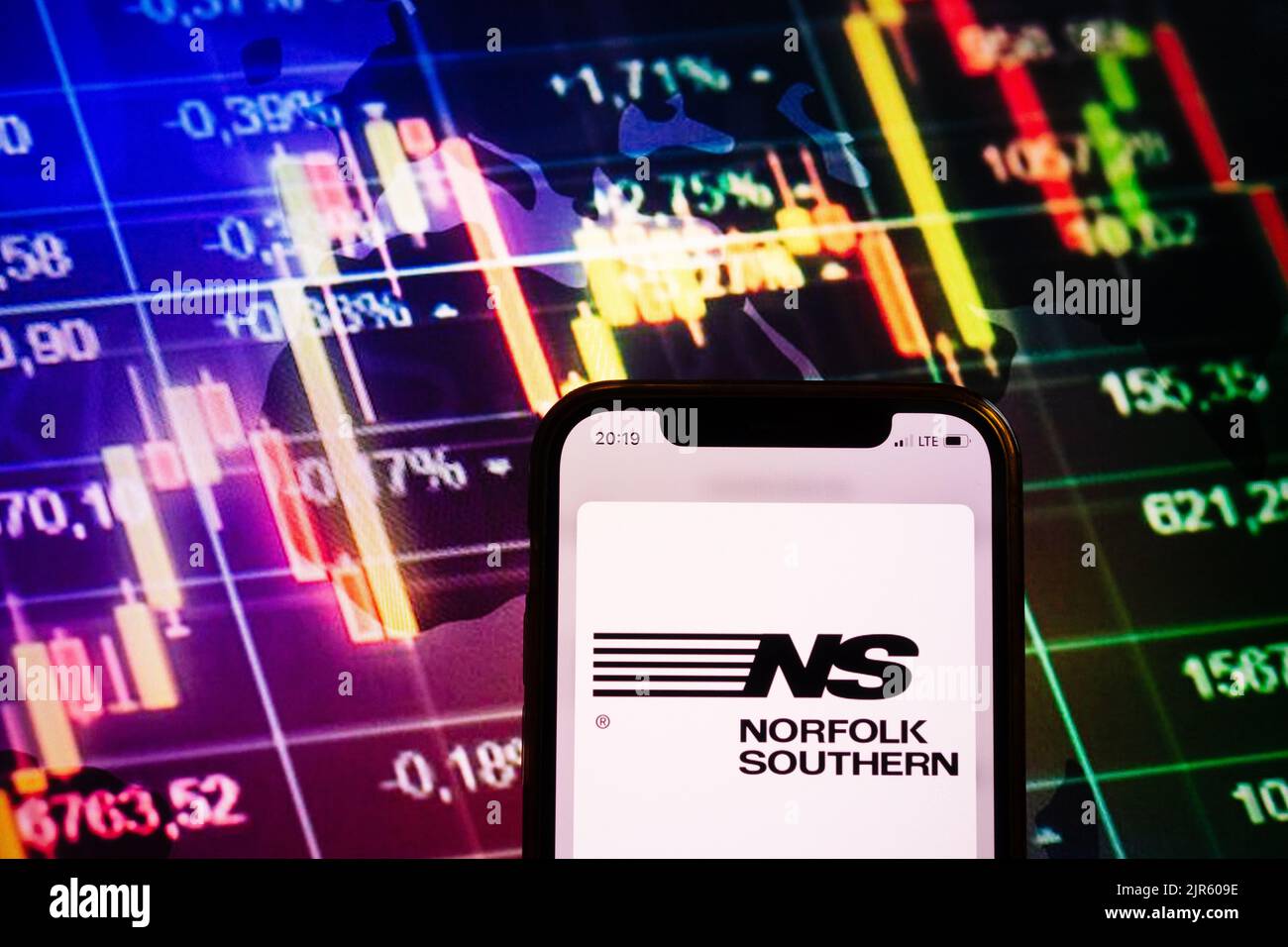 KONSKIE, POLAND August 10, 2022 Smartphone displaying logo of Norfolk Southern (NS) company