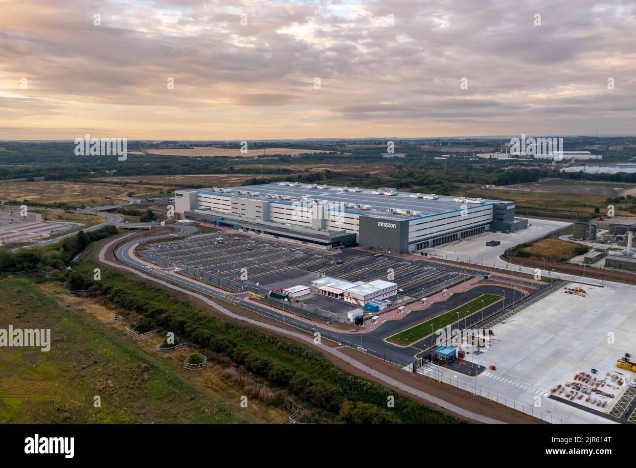 LEEDS, UK - AUGUST 22, 2022. Aerial view of a large Amazon Prime distribution warehouse at Gateway 45 near the M1 motorway in Leeds, UK Stock Photo