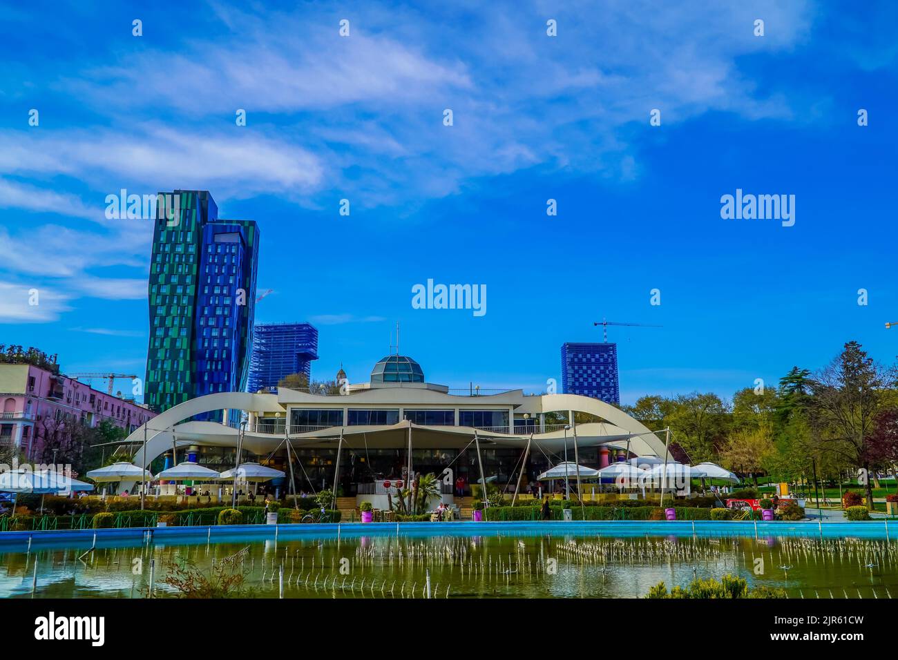 A beautiful view of modern buildings and a park in central Tirana Stock Photo