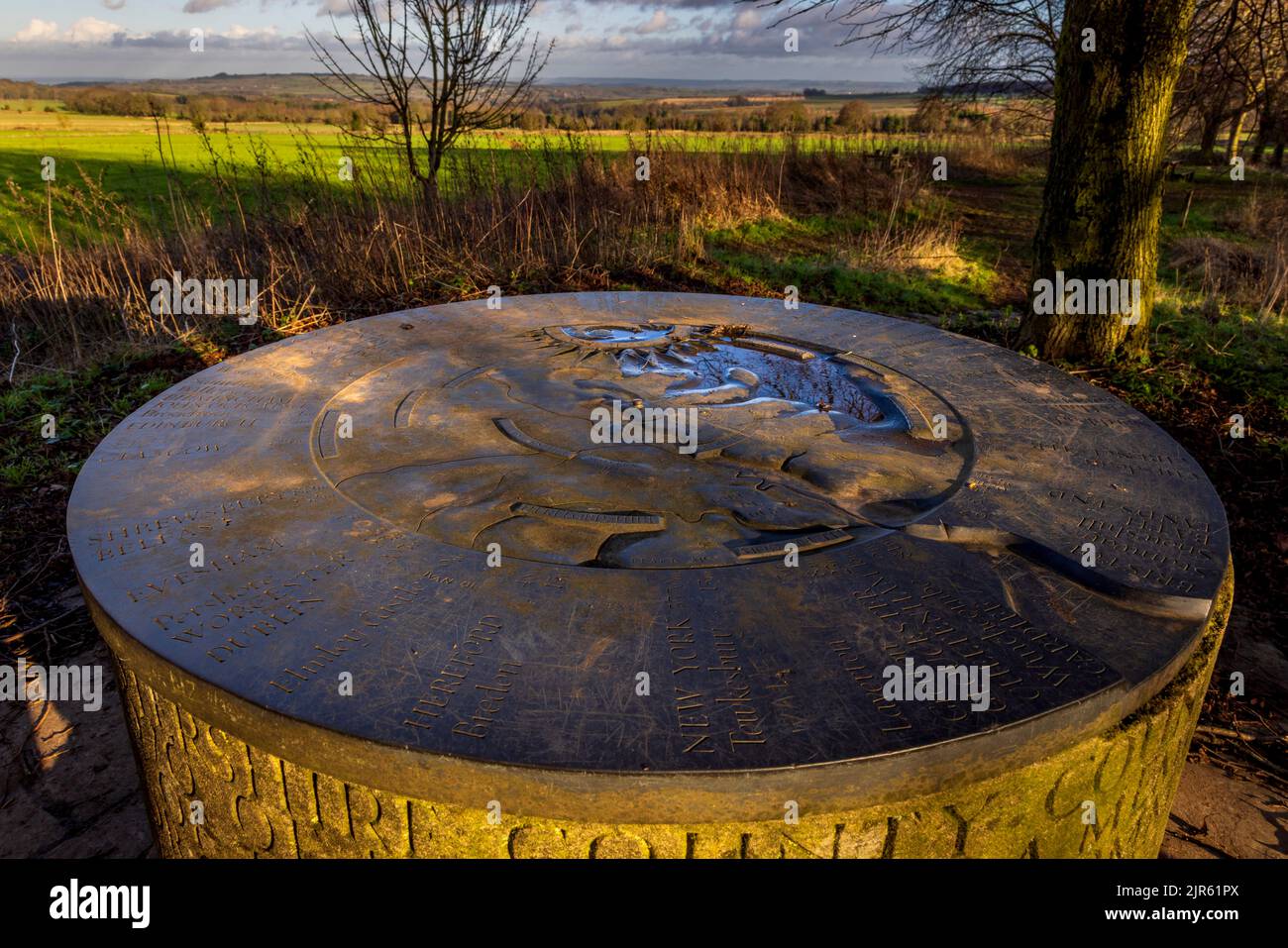 The Toposcope on the summit of Fish Hill near Broadway Tower and Chipping Campden on the Cotswold Way footpath, Worcestershire, England Stock Photo