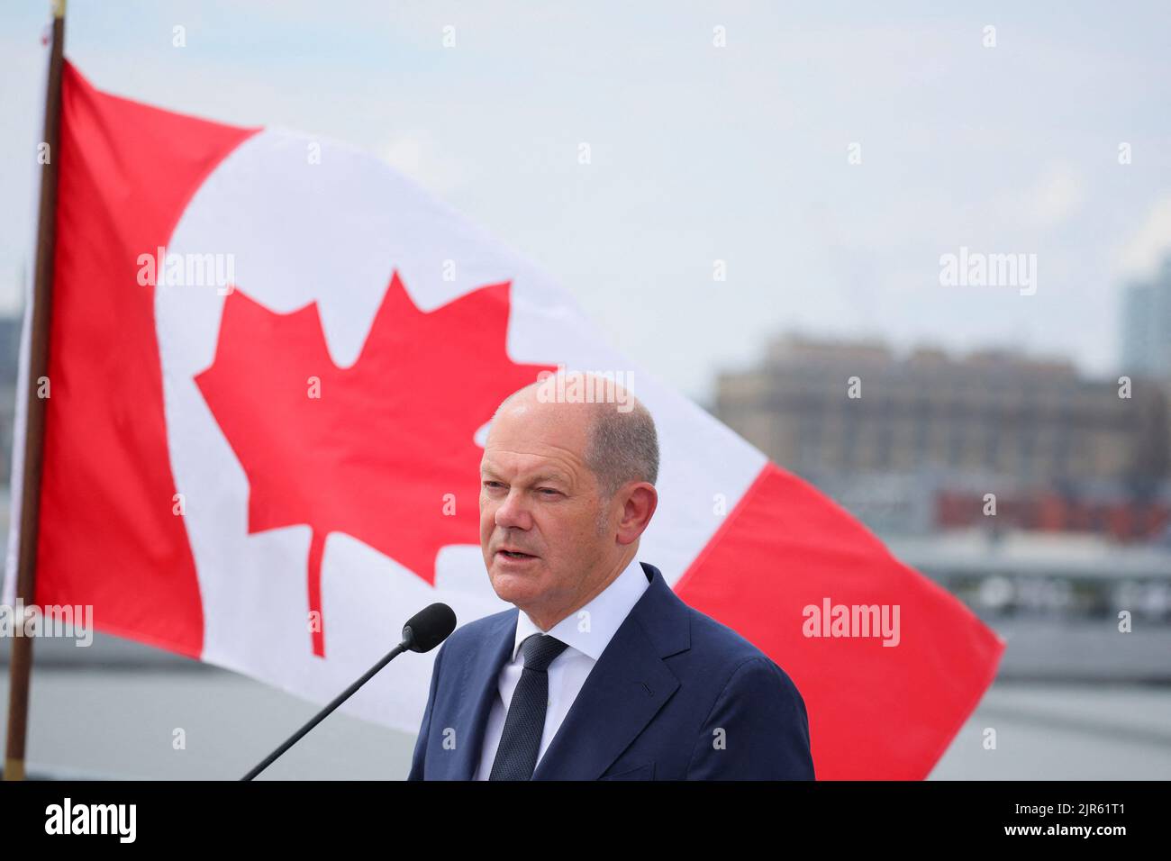 Germany's Chancellor Olaf Scholz speaks to the media with Canada's Prime Minister Justin Trudeau outside the Montreal Science Centre, in Montreal, Quebec, Canada August 22, 2022. REUTERS/Christinne Muschi Stock Photo