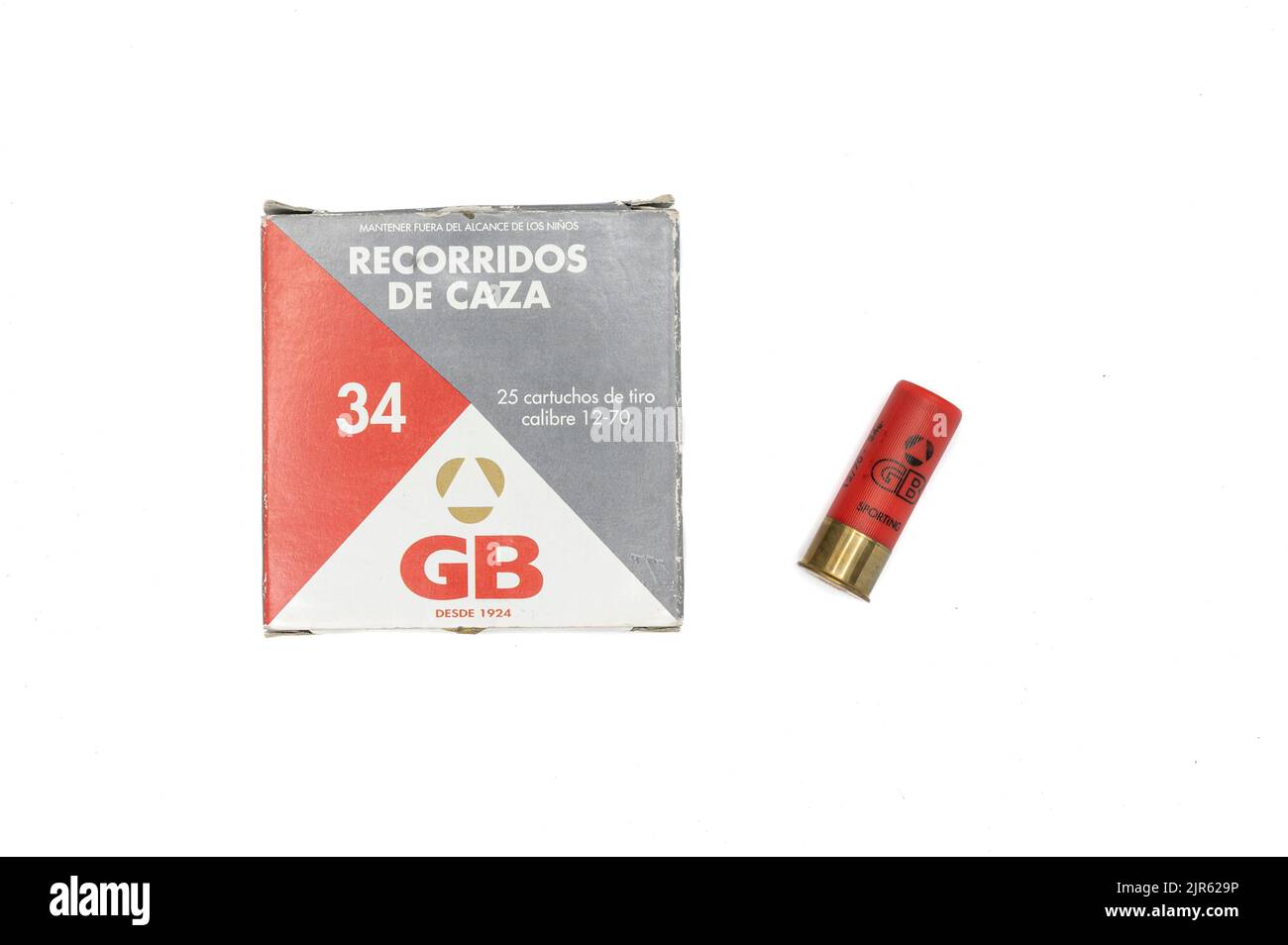 A shotgun cartridges box for hunting on white background Stock Photo