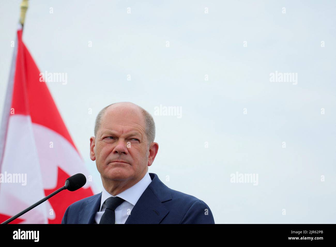 Germany's Chancellor Olaf Scholz looks on as he and Canada's Prime Minister Justin Trudeau speak to the media outside the Montreal Science Centre, in Montreal, Quebec, Canada August 22, 2022. REUTERS/Christinne Muschi Stock Photo