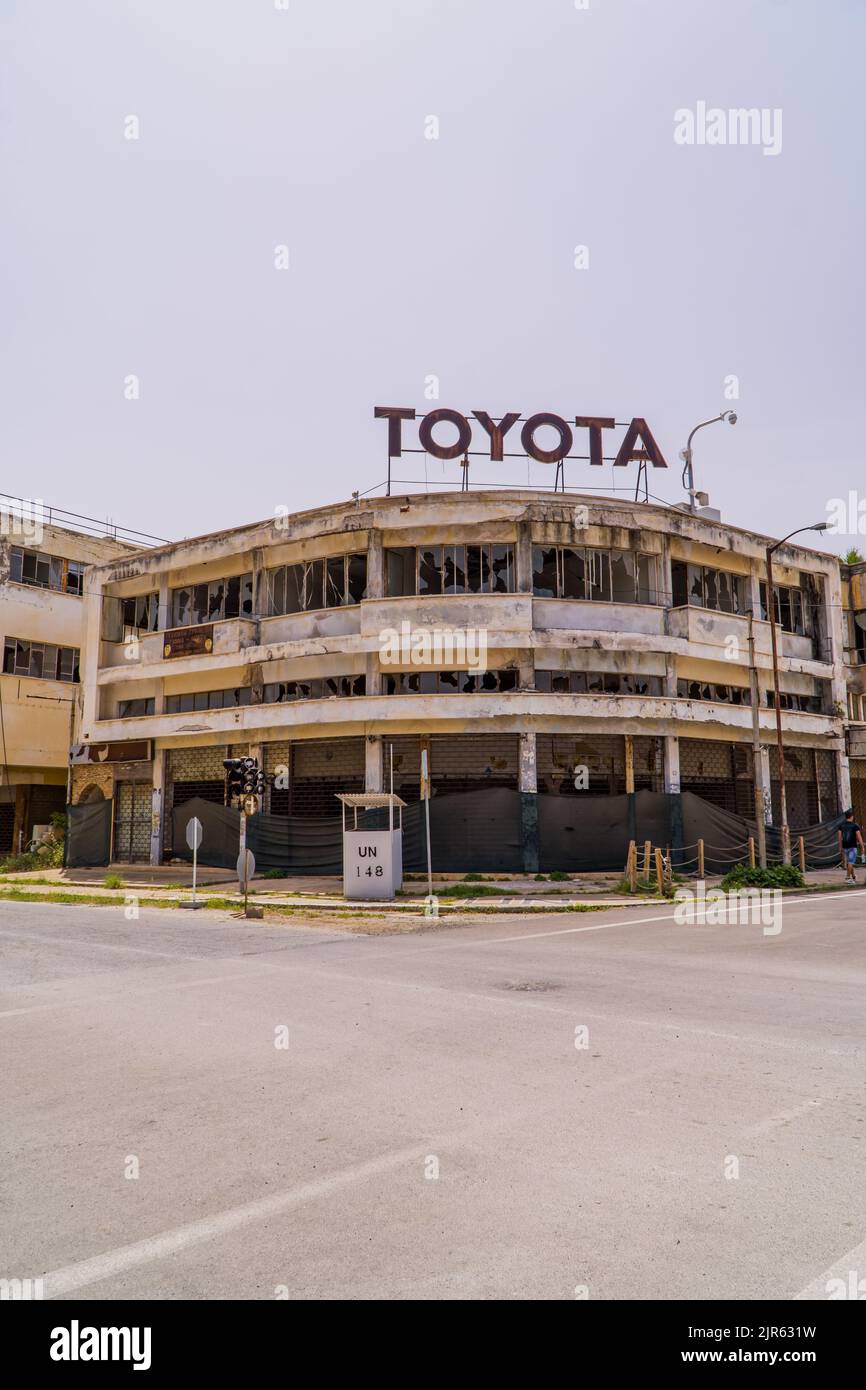 The abandoned Toyota dealership in the ghost town resort of Varosha Stock Photo