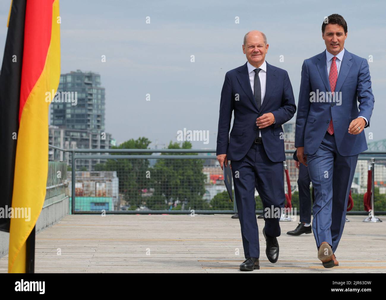 Germany's Chancellor Olaf Scholz and Canada's Prime Minister Justin Trudeau attend to speak to the media outside the Montreal Science Centre, in Montreal, Quebec, Canada August 22, 2022. REUTERS/Christinne Muschi Stock Photo