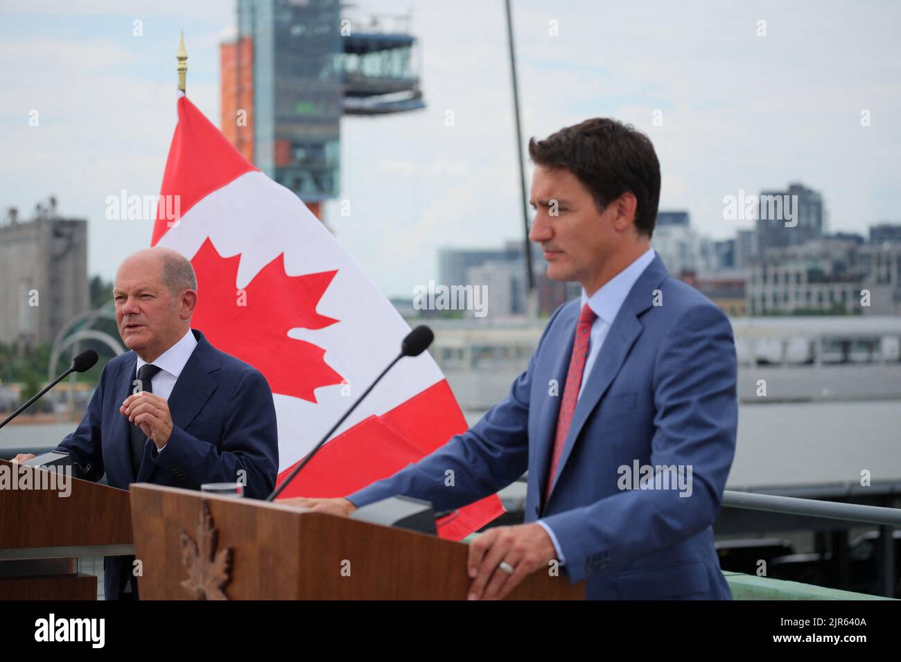 Germany's Chancellor Olaf Scholz and Canada's Prime Minister Justin Trudeau speak to the media outside the Montreal Science Centre, in Montreal, Quebec, Canada August 22, 2022. REUTERS/Christinne Muschi Stock Photo
