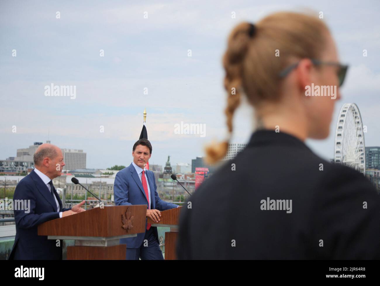 Germany's Chancellor Olaf Scholz and Canada's Prime Minister Justin Trudeau speak to the media outside the Montreal Science Centre, in Montreal, Quebec, Canada August 22, 2022. REUTERS/Christinne Muschi Stock Photo