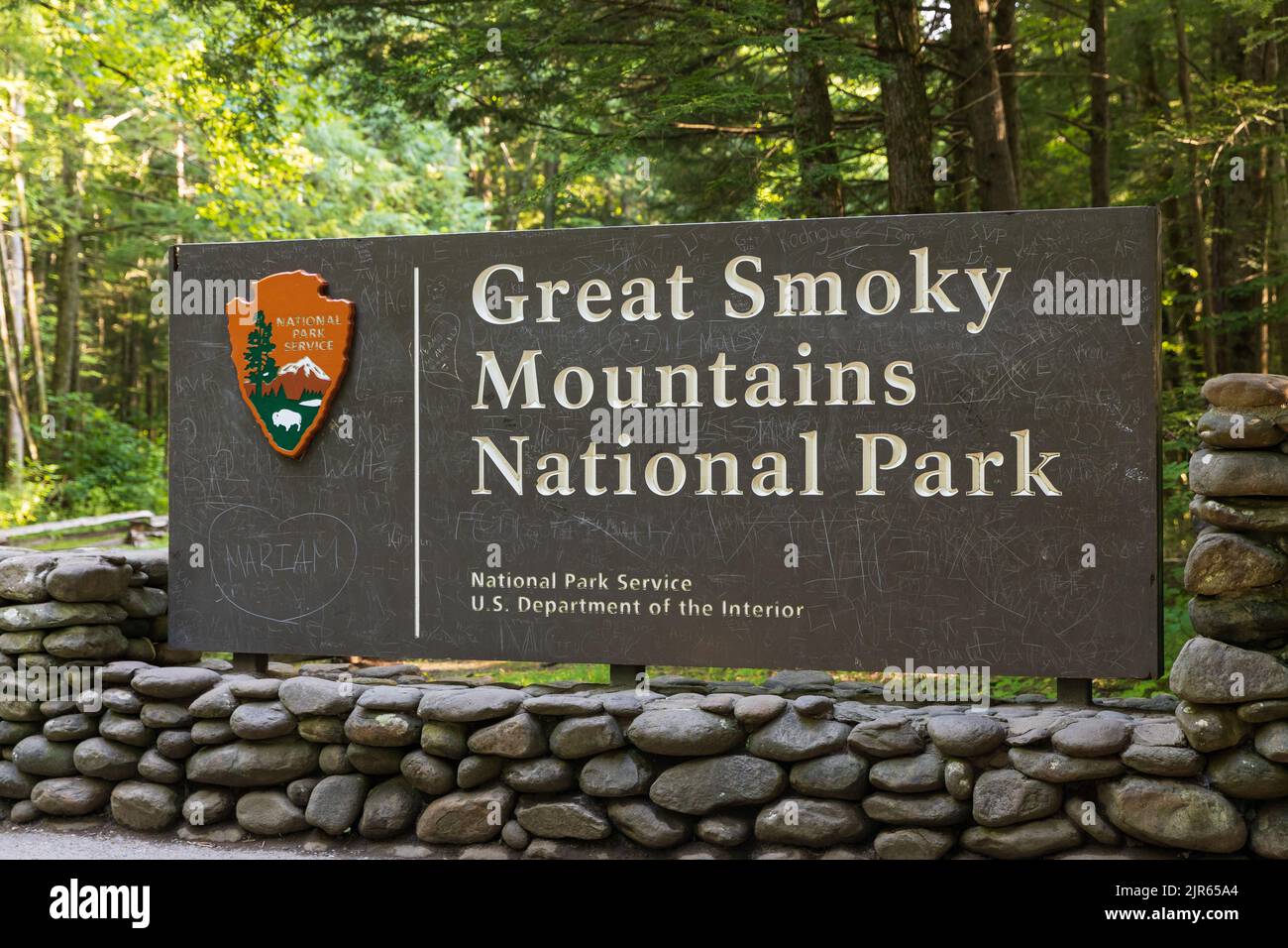 A Great Smoky Mountains National Park sign on the side of the road. Stock Photo