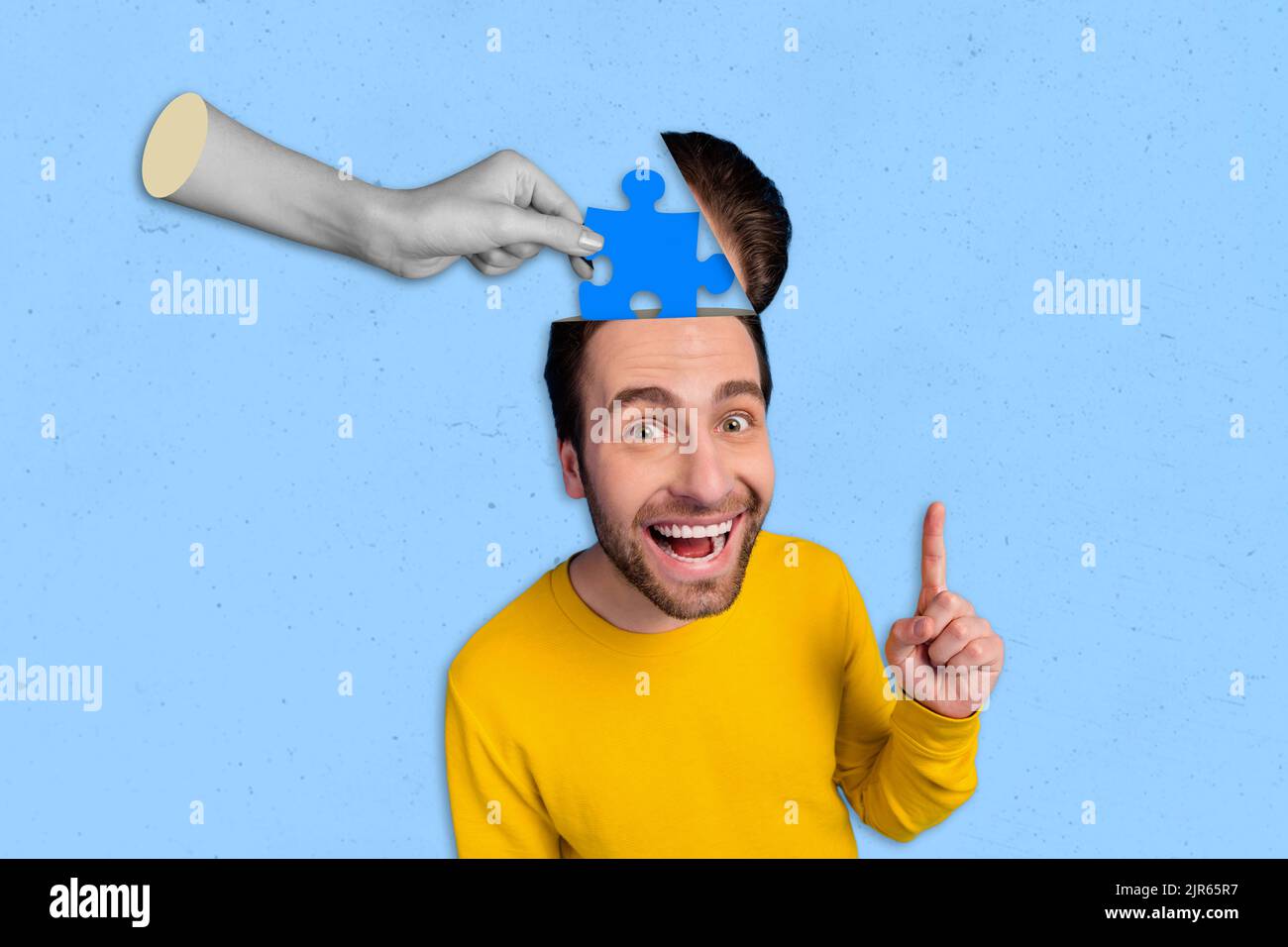 Creative collage image of human hand black white gamma hold put puzzle