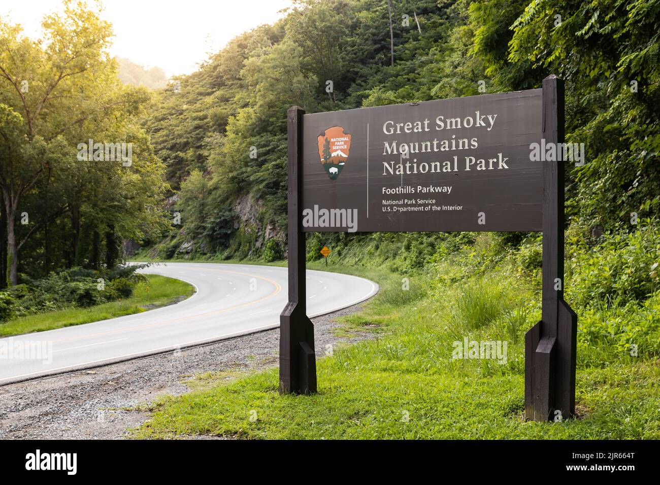 A Great Smoky Mountains National Park sign on the side of the road. Stock Photo
