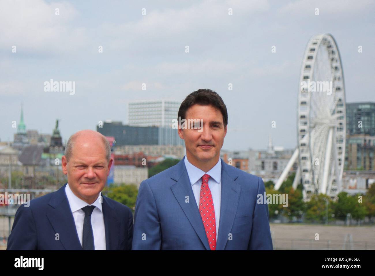 Germany's Chancellor Olaf Scholz and Canada's Prime Minister Justin Trudeau attend to speak to the media outside the Montreal Science Centre, in Montreal, Quebec, Canada August 22, 2022. REUTERS/Christinne Muschi Stock Photo