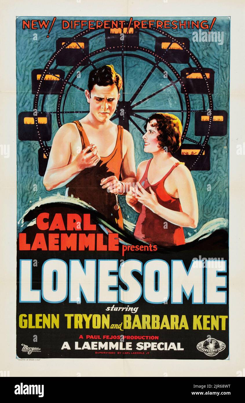 Carl Laemmle - Vintage movie poster - Lonesome (Universal, 1928) Starring Glenn Tryon and Barbara Kent. Stock Photo