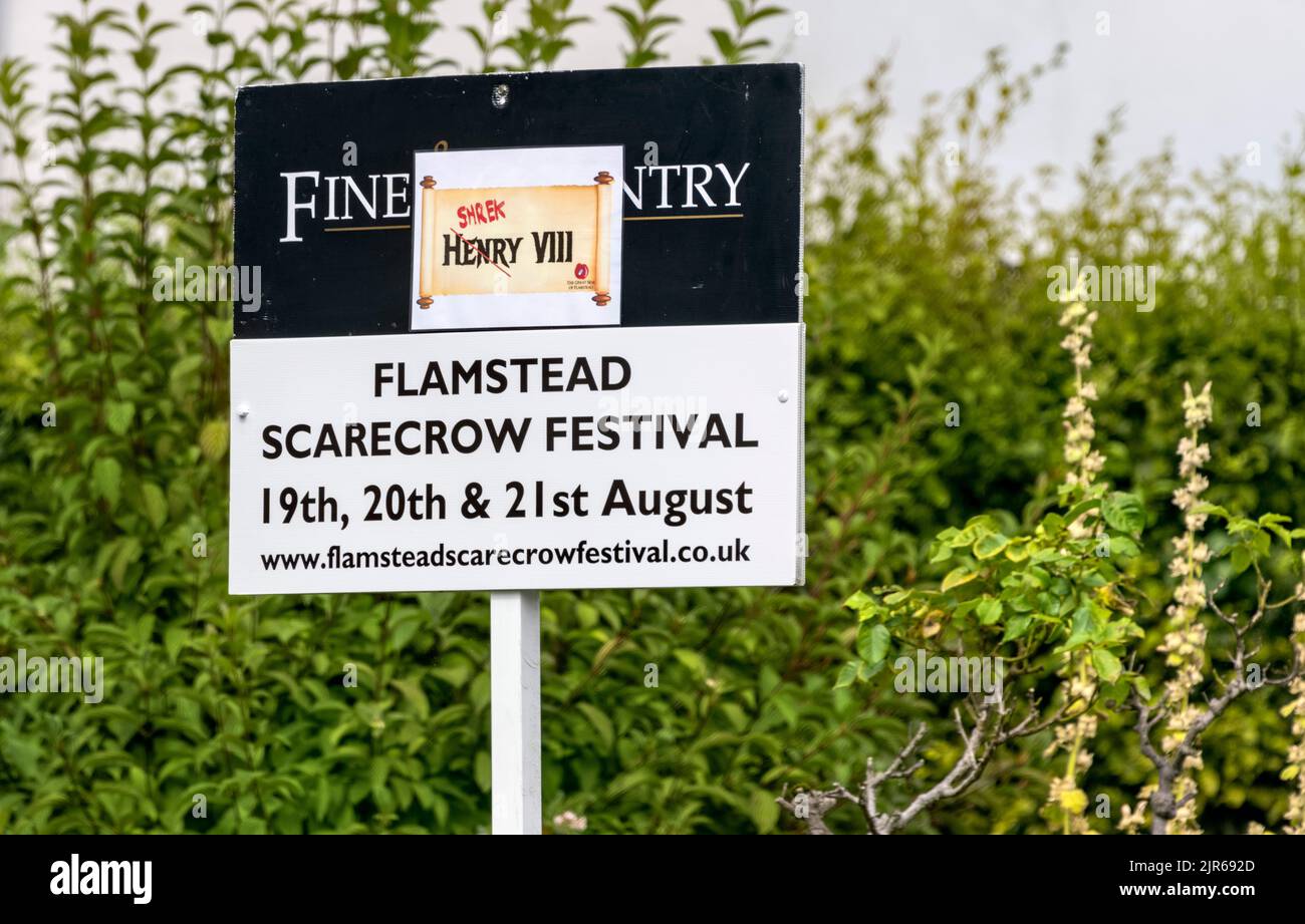 Flamstead Scarecrow Festival sign sponsored by Fine & Country Estate Agents, 19th, 20th & 21st August 2022 Stock Photo