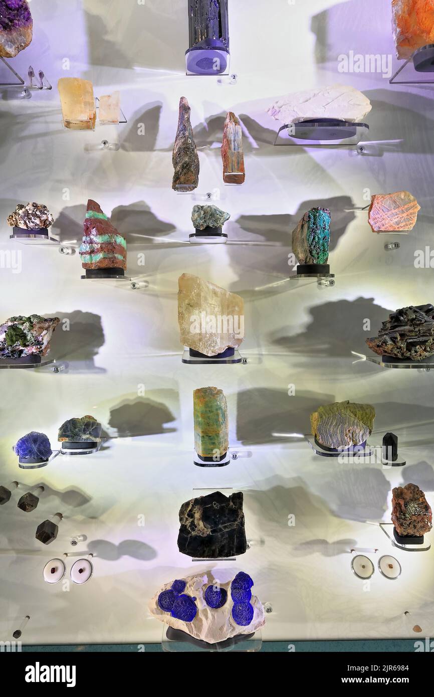 144 Mineral samples on display in a specimen drawer. Darwin-Australia. Stock Photo