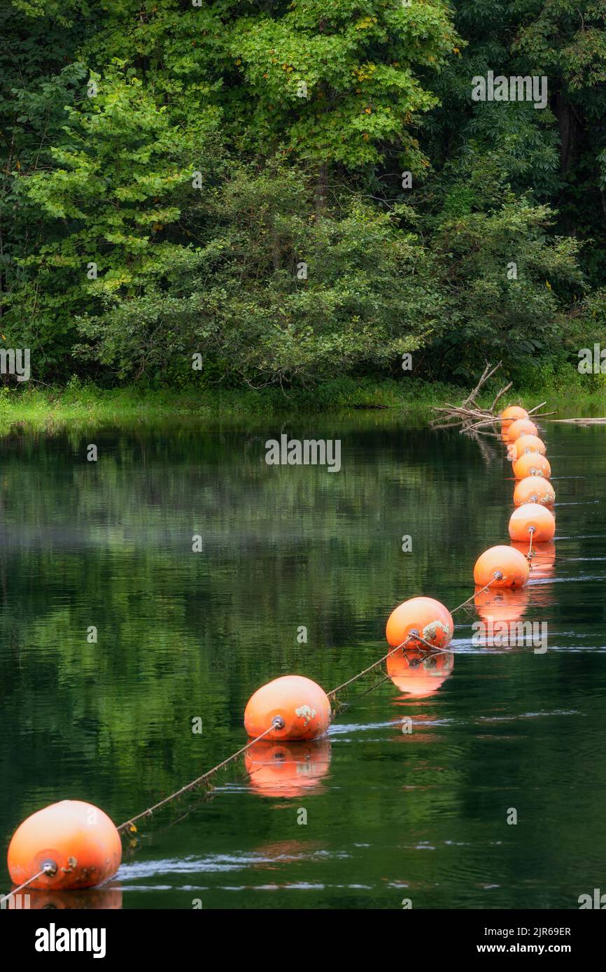 On the South Holston River in Tennessee, a rope with orange buoys attached span across the river. Stock Photo