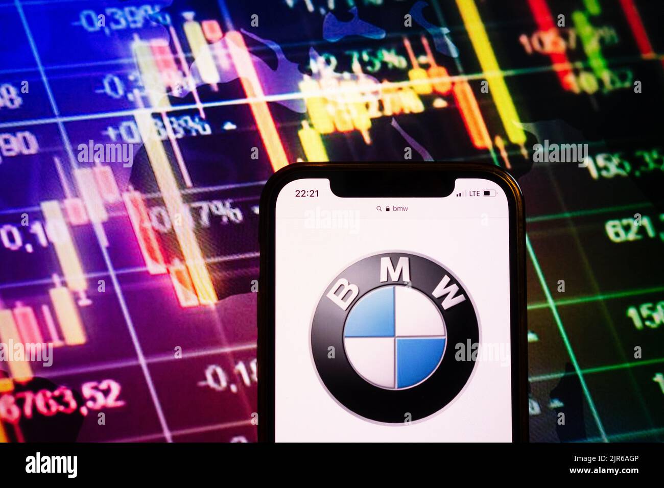 KONSKIE, POLAND - August 10, 2022: Smartphone displaying logo of BMW ...