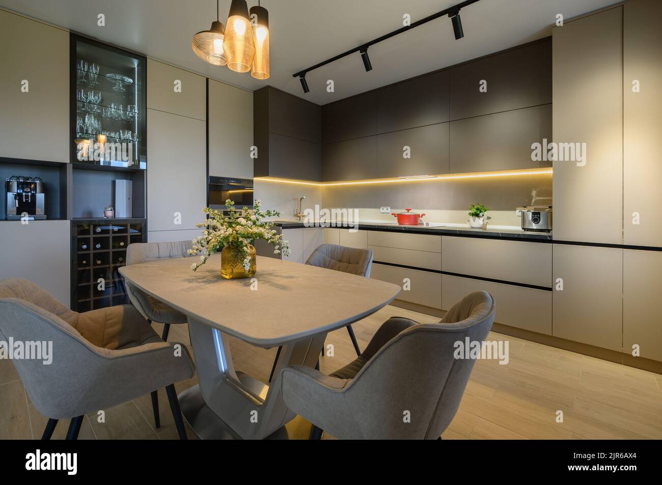 Large modern grey luxurious kitchen and dining room in studio apartment Stock Photo