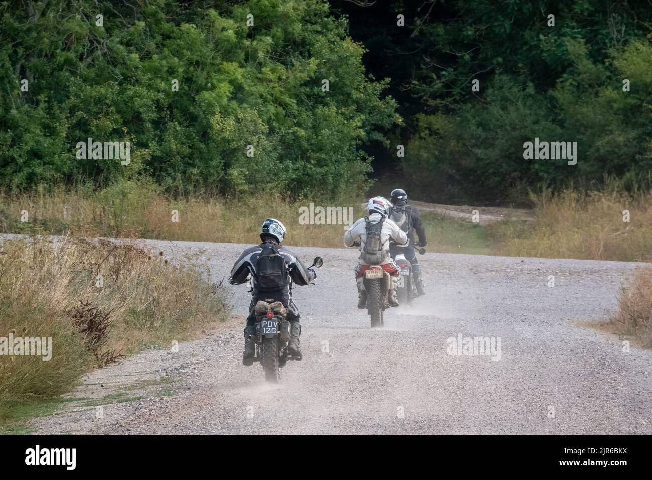 a group of three motor cyclists (bikers) riding their offroad