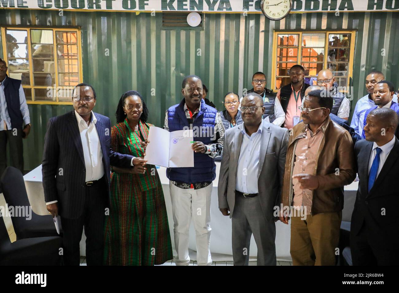 Nairobi, Kenya. 22nd Aug, 2022. Azimio la Umoja One Kenya coalition presidential candidate Raila Odinga (3rd Left) and his running mate Martha Karua (2nd Left) after handing over their petition at the Supreme Court Sub-Registry offices in Milimani Law Courts challenging the presidential election results. Credit: SOPA Images Limited/Alamy Live News Stock Photo