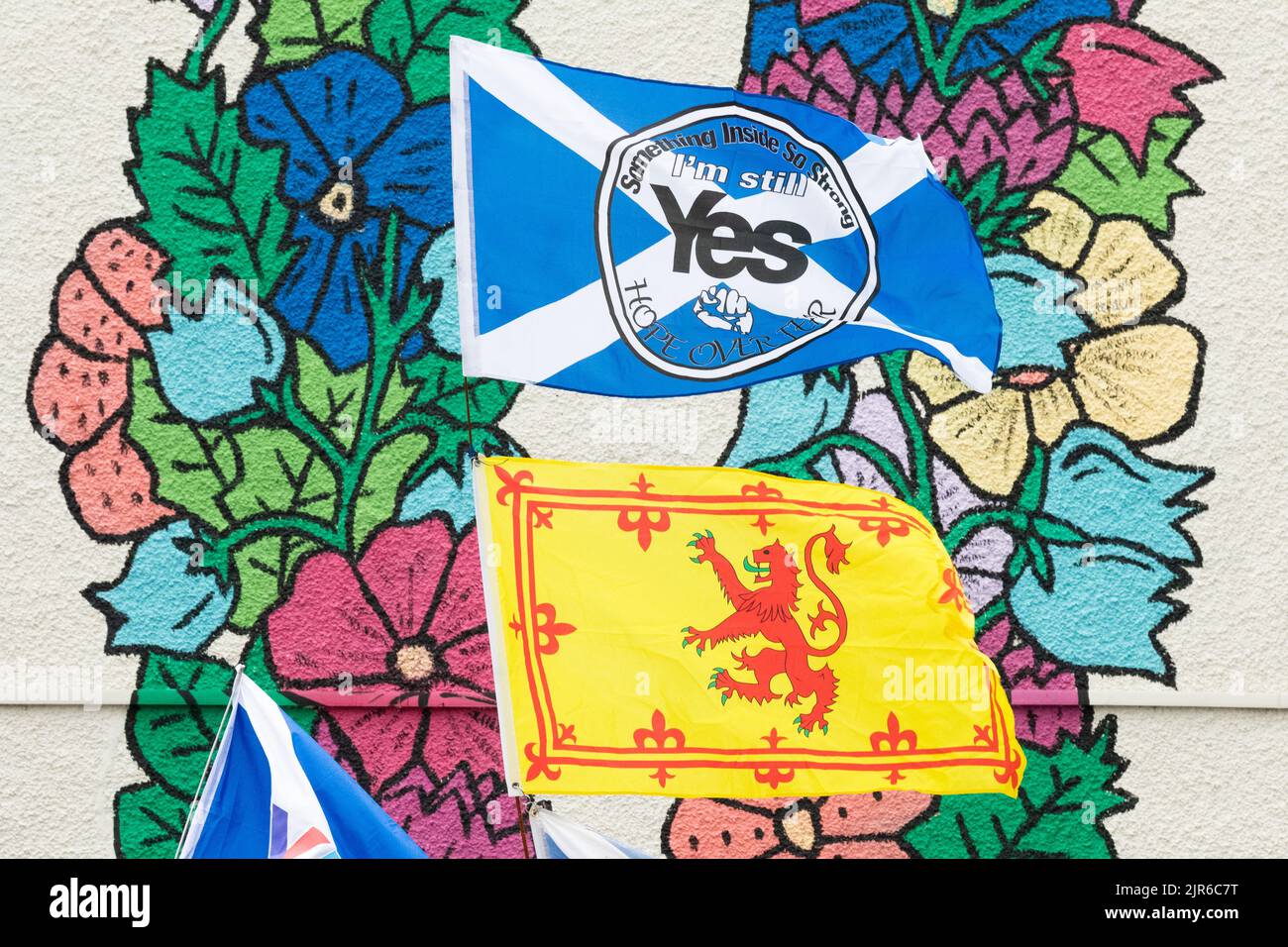 Scottish Independence flags held by demonstrators before the Conservative Leadership Election Hustings in Perth, Scotland, UK 16 August 2022 Stock Photo