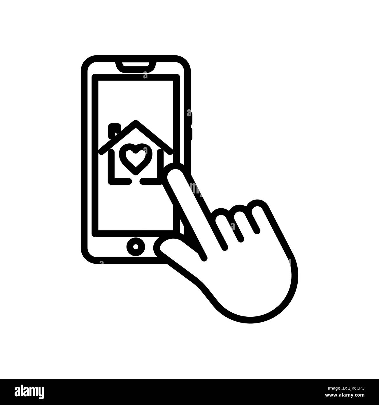 Hand touch icon with house of love in mobile phone. icon related to charity, affection, love. Line icon style. Simple design editable Stock Vector