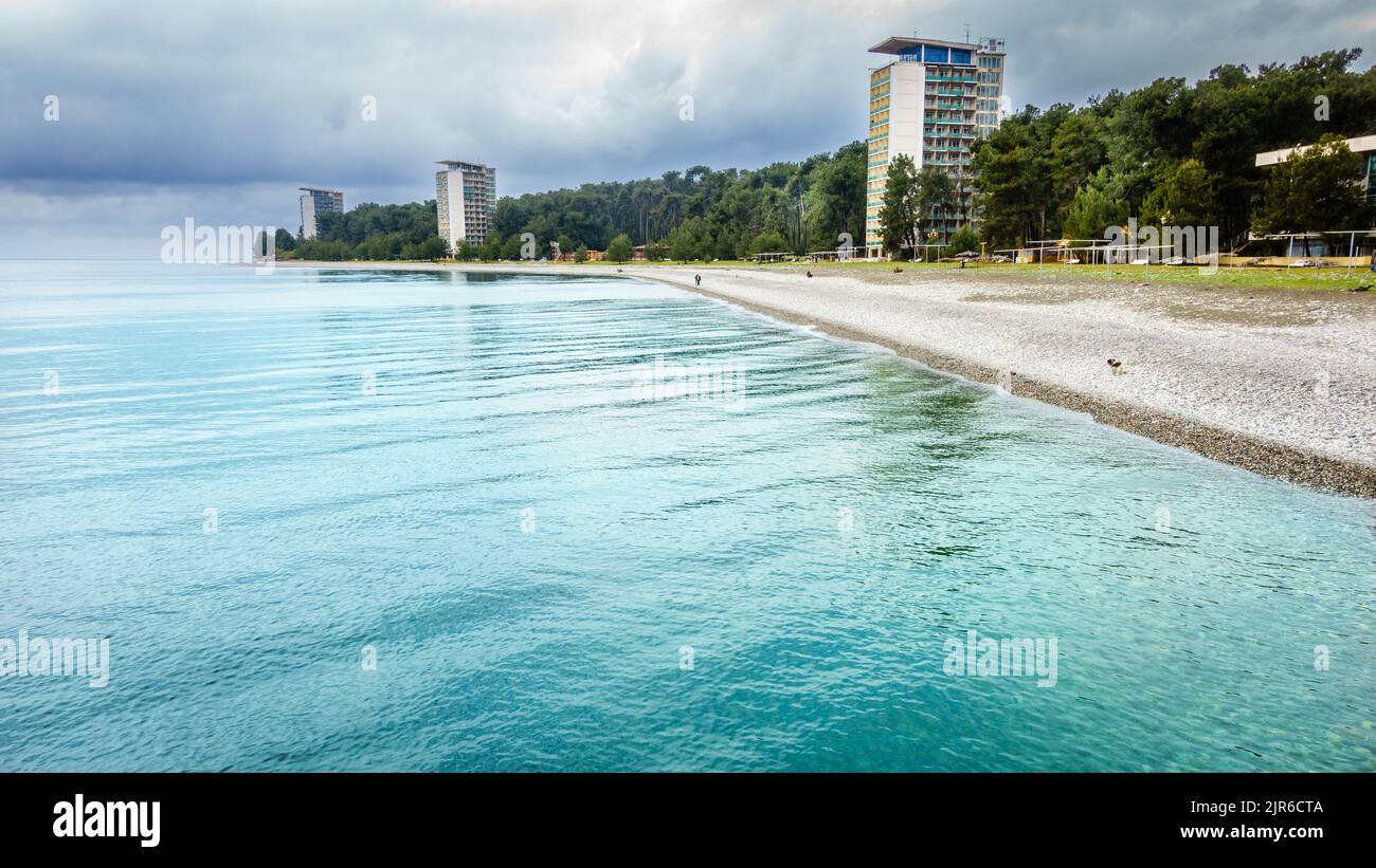 View of the beach in the Georgian city of Pitsunda in spring. Stock Photo